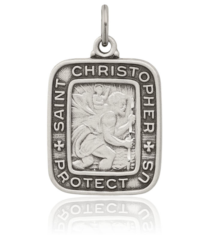 925 Sterling Silver Vintage Square Saint Christopher Medal Necklace