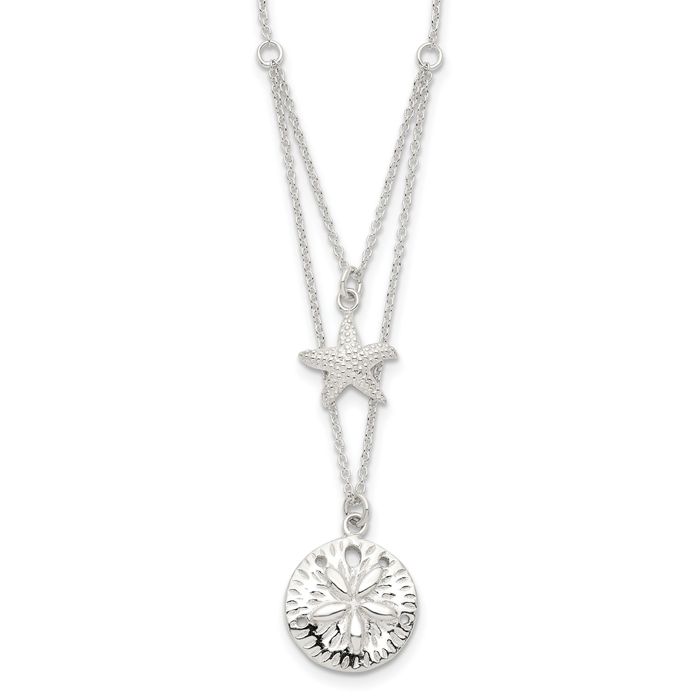 925 Sterling Silver Starfish Sand Dollar Sea Star 18 Strand Chain Necklace