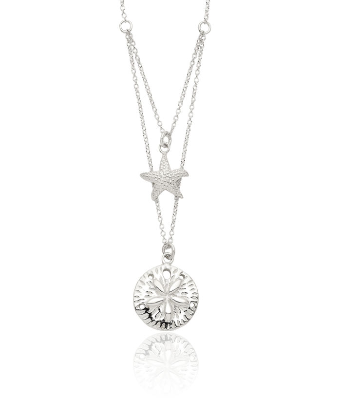925 Sterling Silver Starfish Sand Dollar Sea Star 18 Strand Chain Necklace