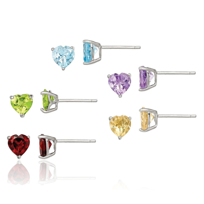 925 Sterling Silver Gemstone Stud Heart Earrings Set