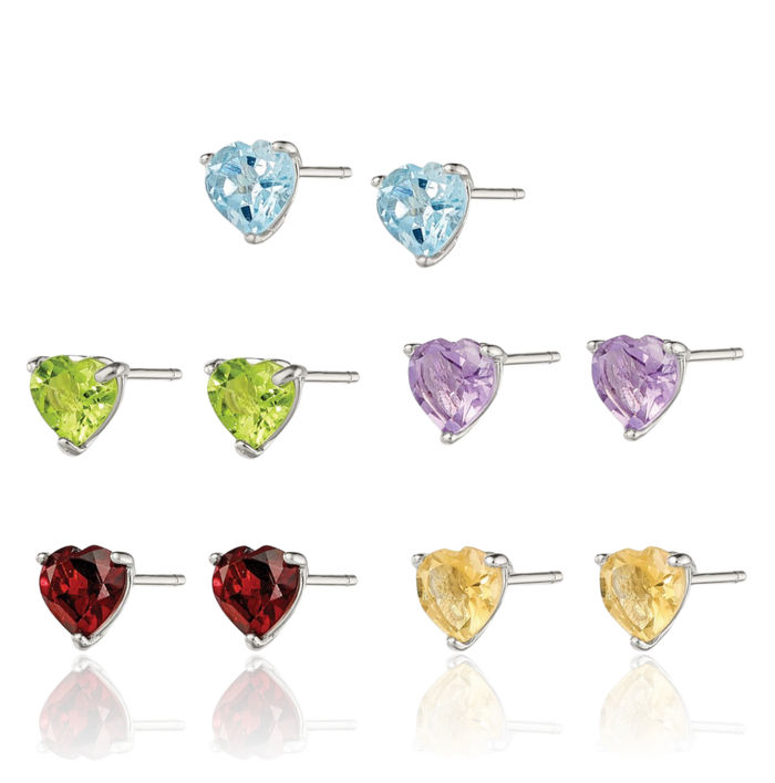 925 Sterling Silver Gemstone Stud Heart Earrings Set