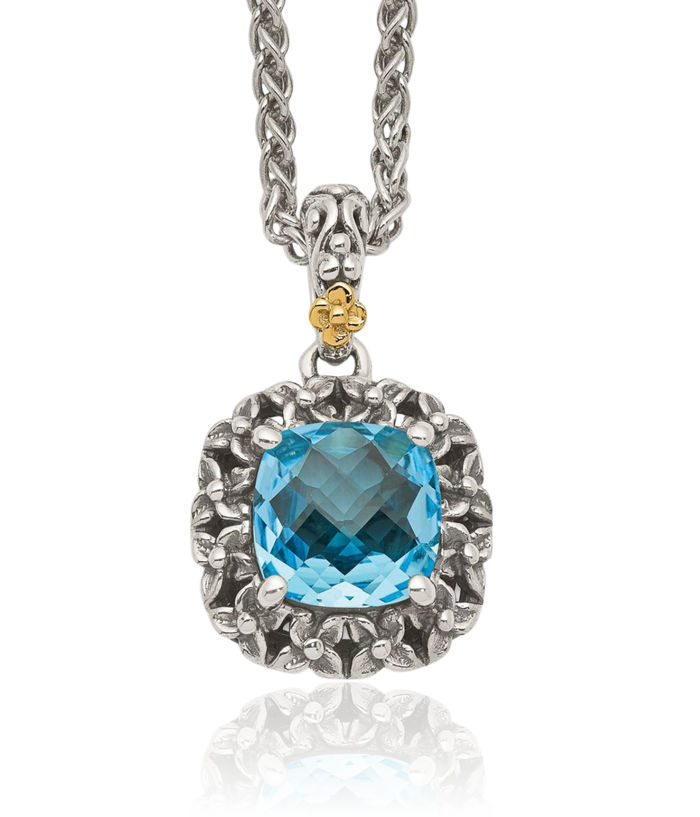 925 Sterling Silver Vintage Swiss Blue Topaz Chain Necklace Gemstone Pendant Charm