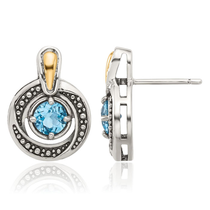 925 Sterling Silver Vintage Swiss Blue Topaz Drop Dangle Stud Earrings Gemstone Post Push Back