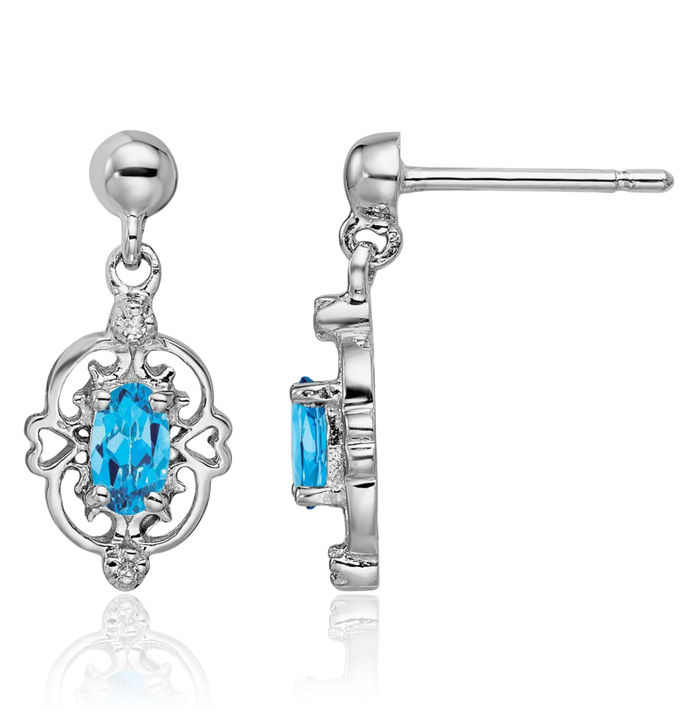 925 Sterling Silver Swiss Blue Topaz Diamond Drop Dangle Earrings