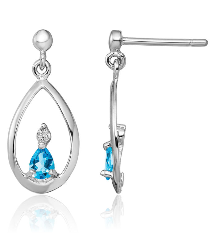 925 Sterling Silver Swiss Blue Topaz Diamond Drop Dangle Earrings Pear Teardrop Gemstone