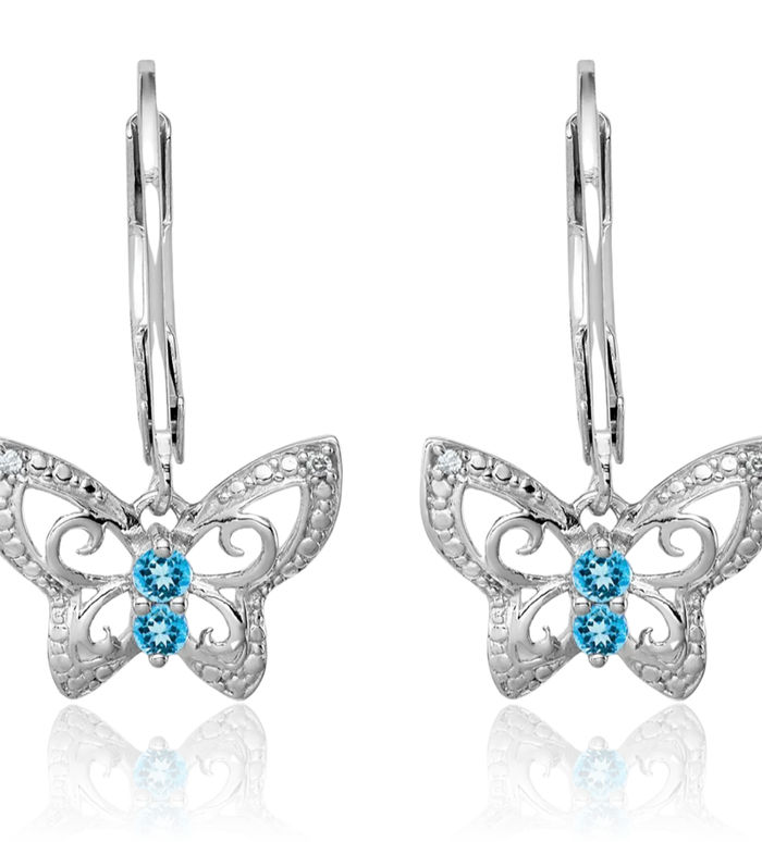 925 Sterling Silver Swiss Blue Topaz Diamond Drop Dangle Earrings