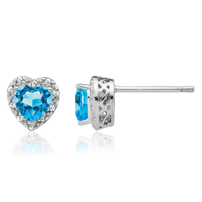 925 Sterling Silver Swiss Blue Topaz Diamond Heart Stud Solitaire Earrings December Birthstone Jewelry