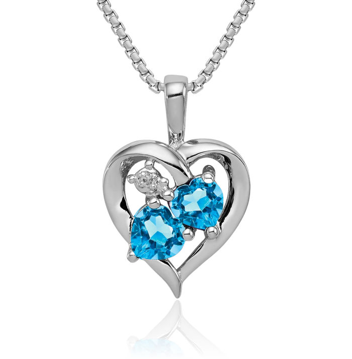 925 Sterling Silver Swiss Blue Topaz Diamond Necklace Heart Gemstone Pendant Charm