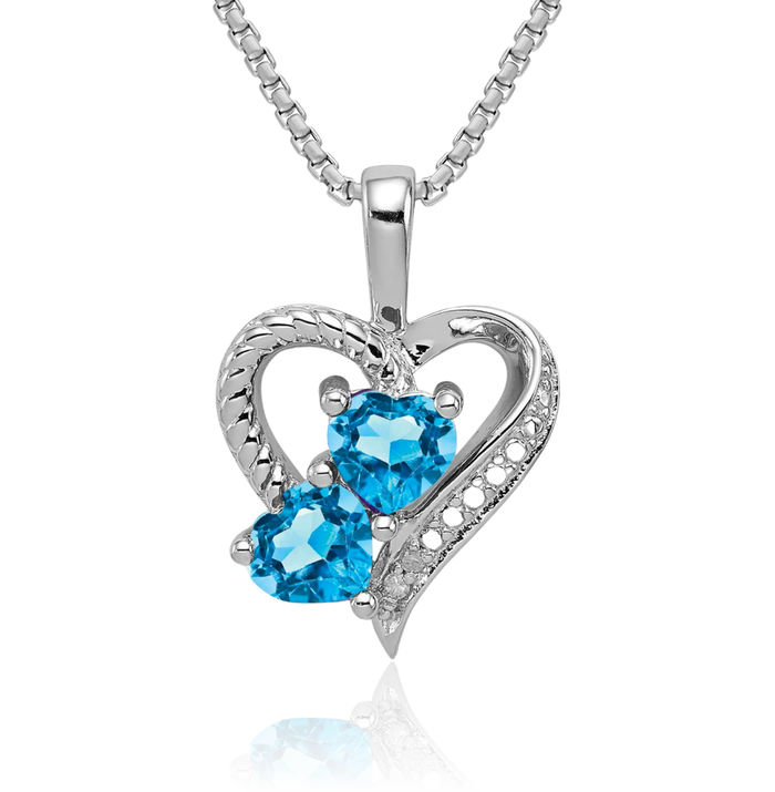 925 Sterling Silver Swiss Blue Topaz Diamond Necklace Heart Gemstone Pendant Charm