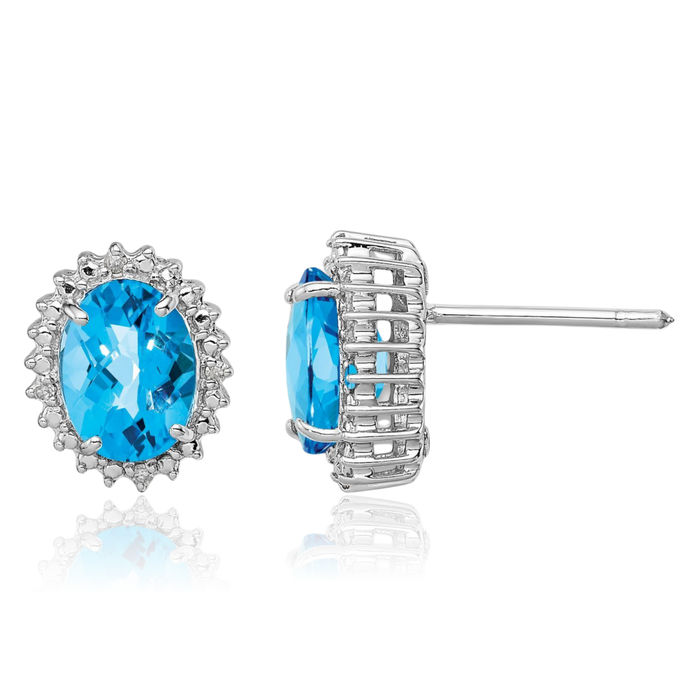 925 Sterling Silver Swiss Blue Topaz Diamond Stud Earrings December Birthstone Jewelry