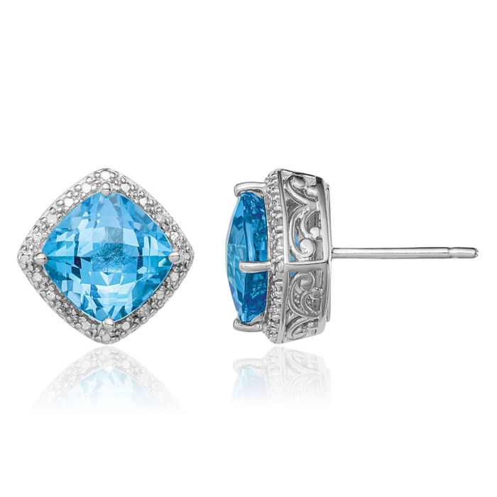 925 Sterling Silver Swiss Blue Topaz Diamond Stud Earrings December Birthstone Jewelry