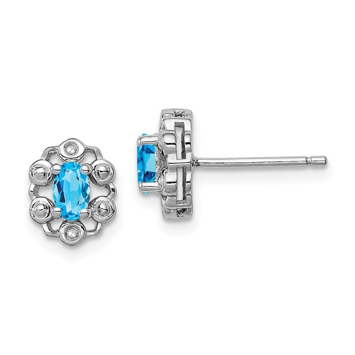 925 Sterling Silver Swiss Blue Topaz Diamond Stud Solitaire Earrings Gemstone Post Push Back December Birthstone Jewelry