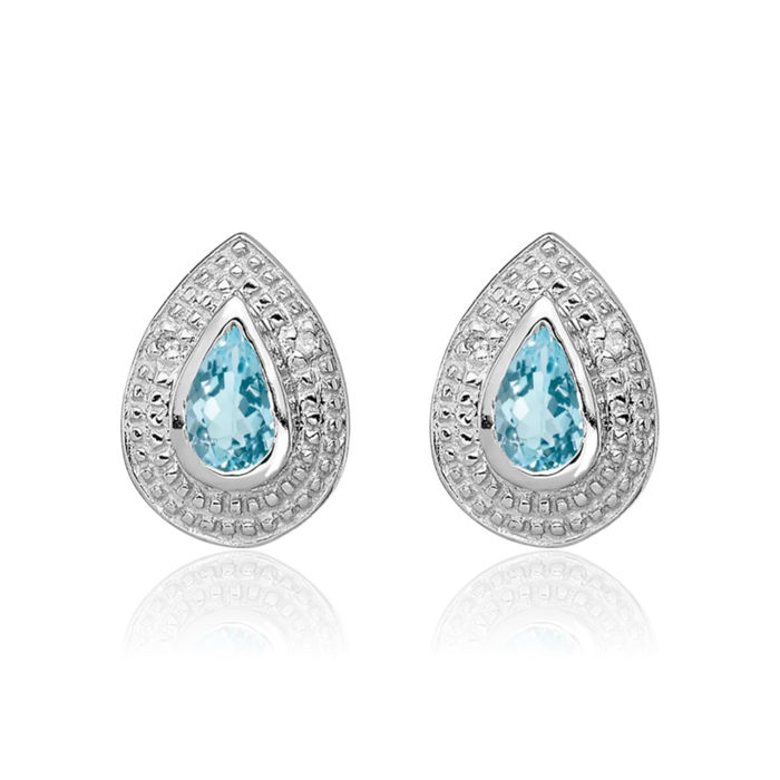 925 Sterling Silver Swiss Blue Topaz Diamond Studs Pear Teardrop Gemstone Earrings