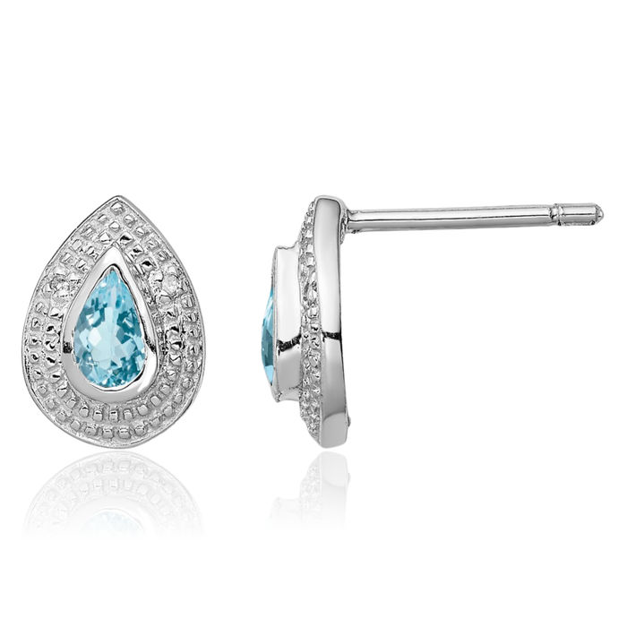 925 Sterling Silver Swiss Blue Topaz Diamond Studs Pear Teardrop Gemstone Earrings