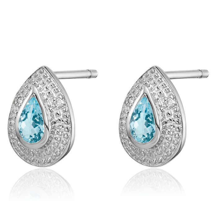 925 Sterling Silver Swiss Blue Topaz Diamond Studs Pear Teardrop Gemstone Earrings