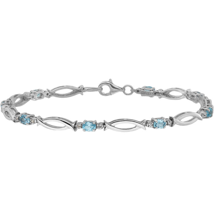 925 Sterling Silver Swiss Blue Topaz Diamond Chain Gemstone Tennis Bracelet