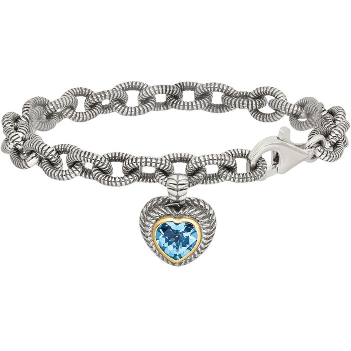 925 Sterling Silver Vintage Swiss Blue Topaz Heart Chain Charm Bracelet