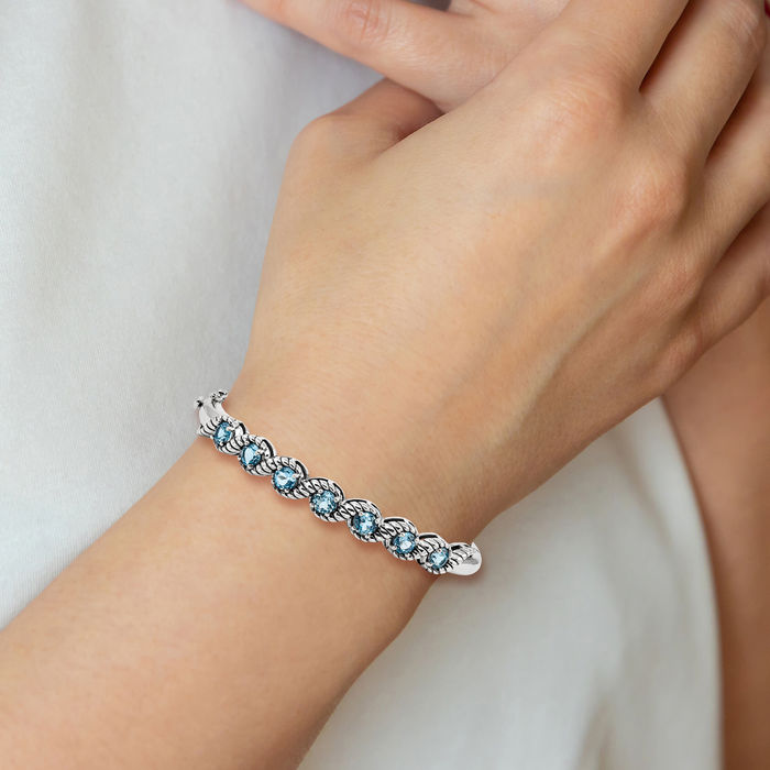 925 Sterling Silver Swiss Blue Topaz Gemstone Bangle Bracelet