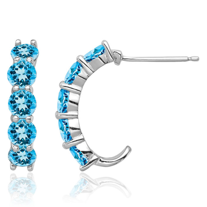 925 Sterling Silver Swiss Blue Topaz J Hoop Earrings