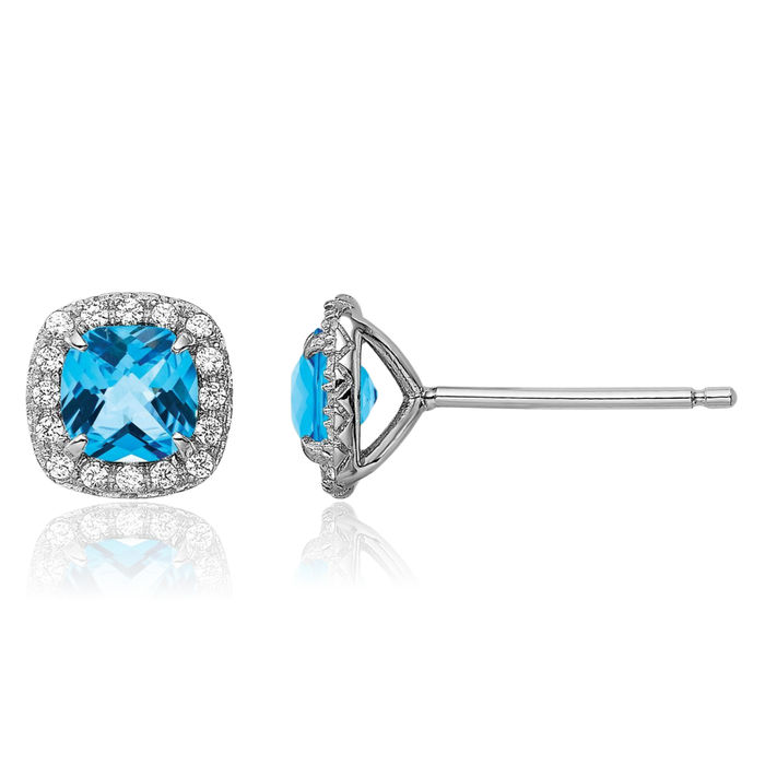 925 Sterling Silver Swiss Blue Topaz Lab White Sapphire Stud Earrings