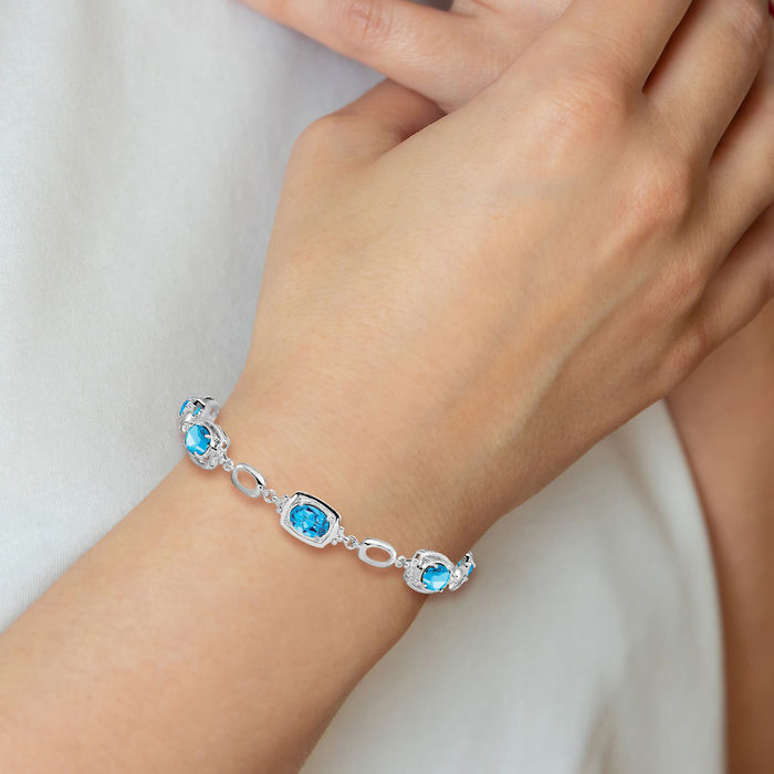 925 Sterling Silver Swiss Blue Topaz Link Chain Bracelet