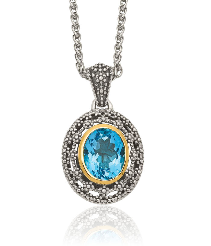 925 Sterling Silver Vintage Swiss Blue Topaz Oval Chain Necklace Gemstone Pendant Charm