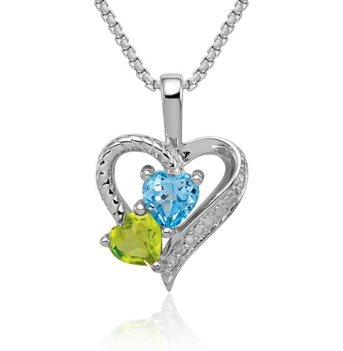 925 Sterling Silver Swiss Blue Topaz Green Peridot Diamond Necklace Heart Charm Gemstone Pendant