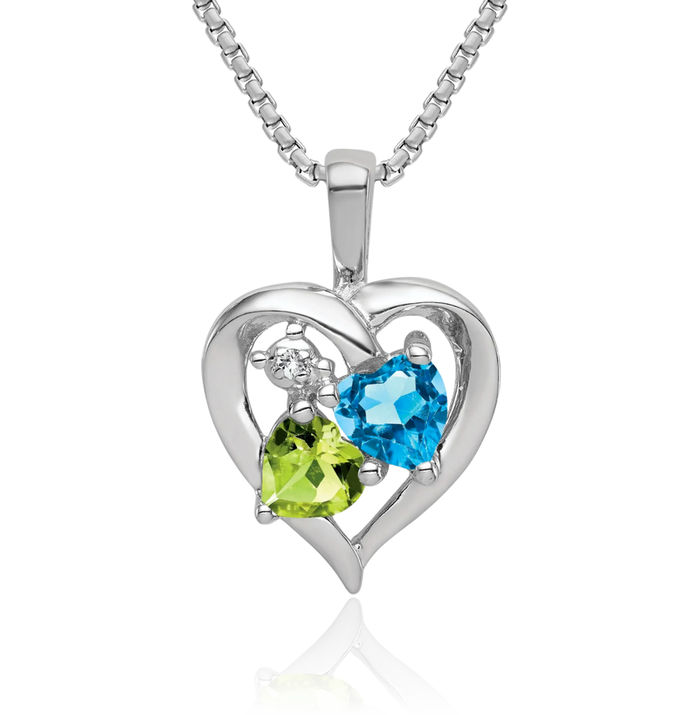 925 Sterling Silver Swiss Blue Topaz Green Peridot Diamond Necklace Heart Charm Gemstone Pendant