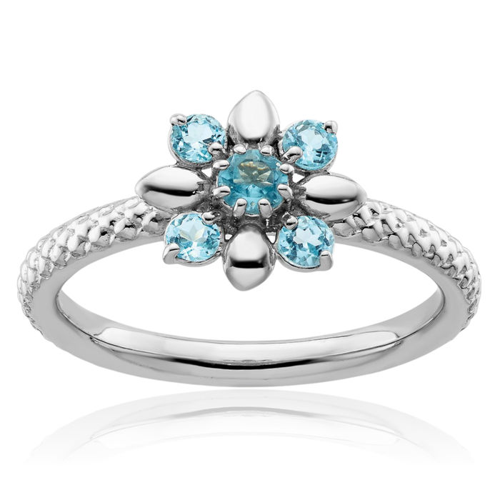 925 Sterling Silver Swiss Blue Topaz Stacking Flower Ring Gemstone Band December Birthstone Jewelry