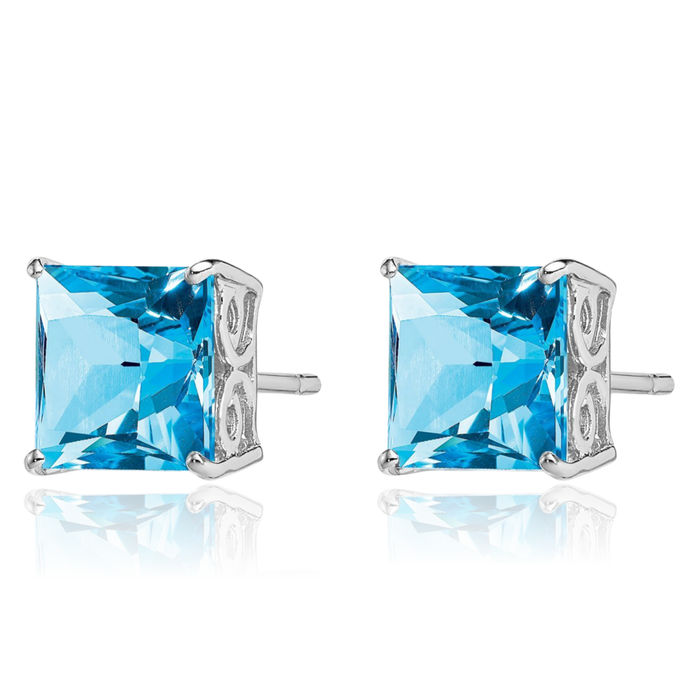 925 Sterling Silver Swiss Blue Topaz Studs Gemstone Earrings