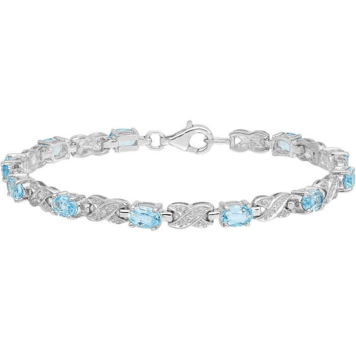 925 Sterling Silver Swiss Blue Topaz Chain Gemstone Tennis Bracelet