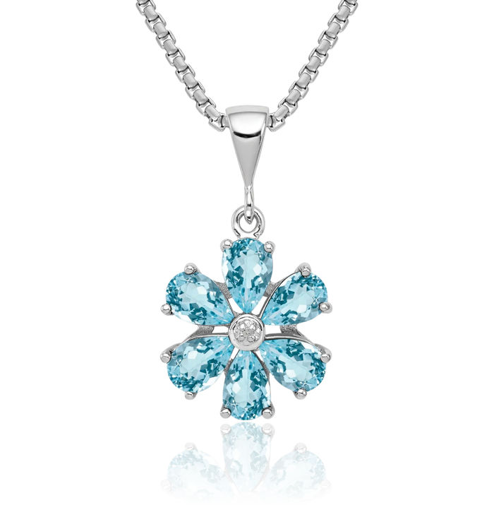 925 Sterling Silver Swiss Sky Blue Topaz Diamond Flower Necklace Charm Gemstone Pendant