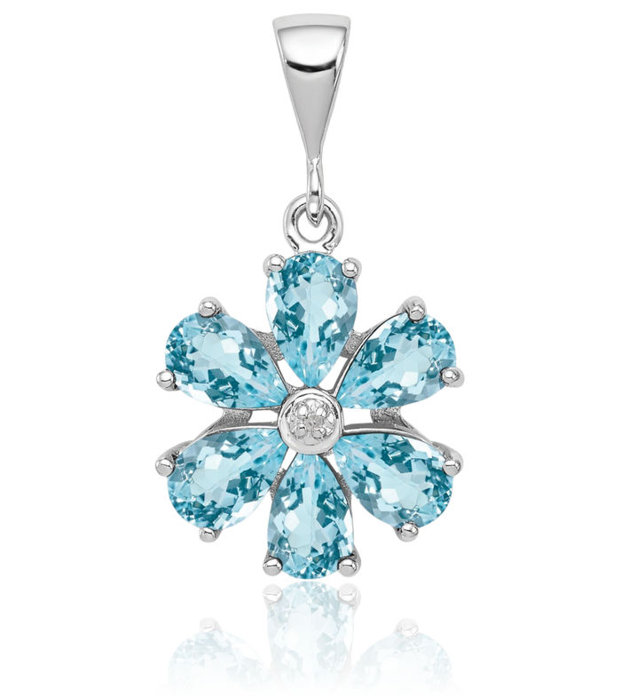 925 Sterling Silver Swiss Sky Blue Topaz Diamond Flower Necklace Charm Gemstone Pendant