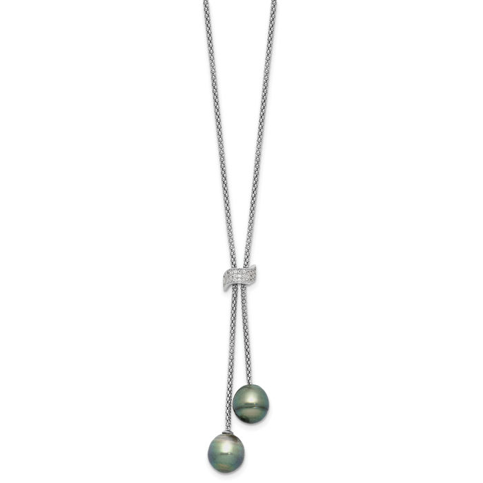 925 Sterling Silver 7mm Black Teardrop Tahitian Saltwater Cultured Pearl Cubic Zirconia CZ Dangling Necklace Chain