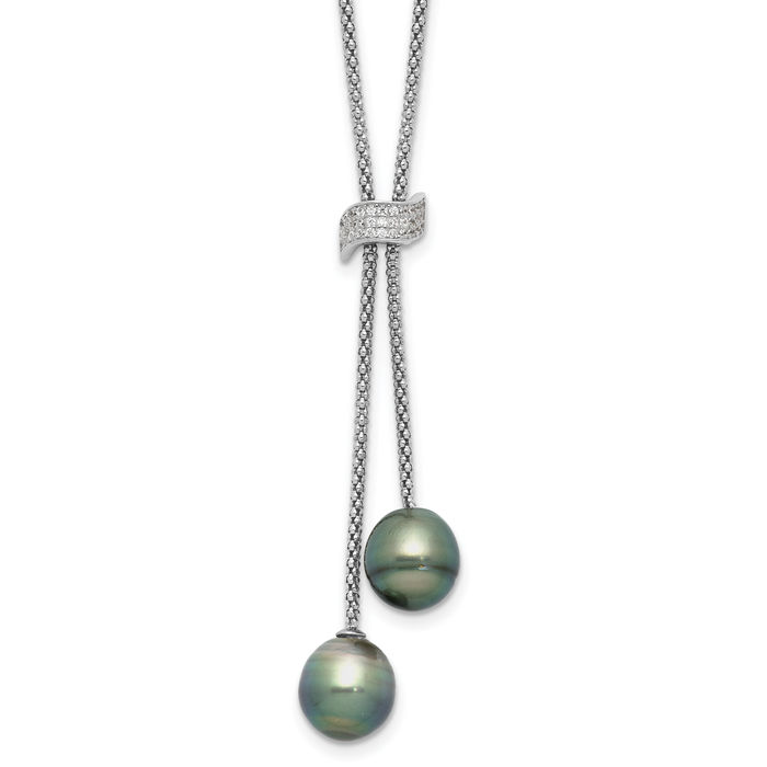 925 Sterling Silver 7mm Black Teardrop Tahitian Saltwater Cultured Pearl Cubic Zirconia CZ Dangling Necklace Chain