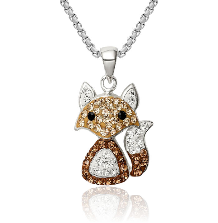 925 Sterling Silver Tan Preciosa Rhinestone Crystals Fox Necklace Chain Pendant Charm