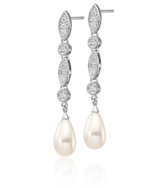 925 Sterling Silver Teardrop Freshwater Cultured Pearl Cubic Zirconia CZ Post Drop Dangle Earrings