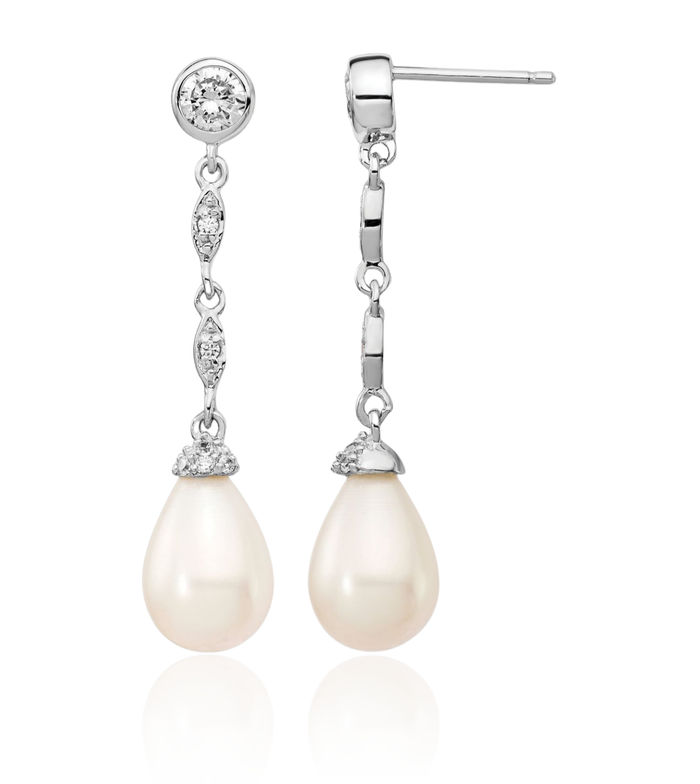 925 Sterling Silver Teardrop Freshwater Cultured Pearl Cubic Zirconia CZ Post Drop Dangle Earrings