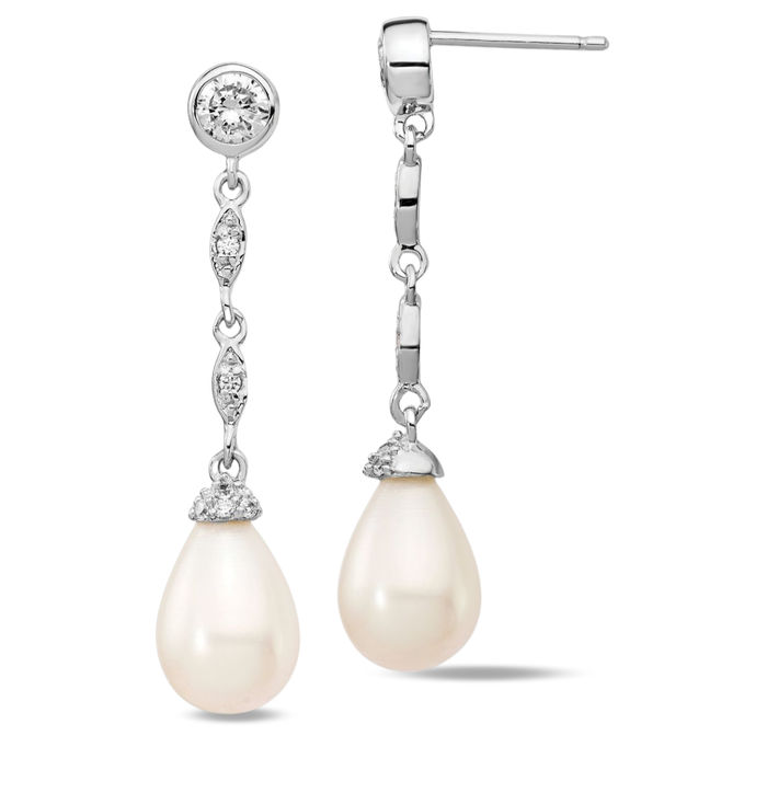 925 Sterling Silver Teardrop Freshwater Cultured Pearl Cubic Zirconia CZ Post Drop Dangle Earrings