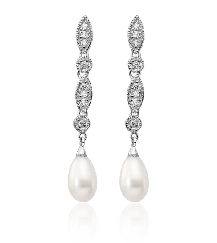 925 Sterling Silver Teardrop Freshwater Cultured Pearl Cubic Zirconia CZ Post Drop Dangle Earrings