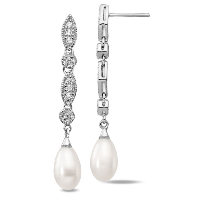 925 Sterling Silver Teardrop Freshwater Cultured Pearl Cubic Zirconia CZ Post Drop Dangle Earrings