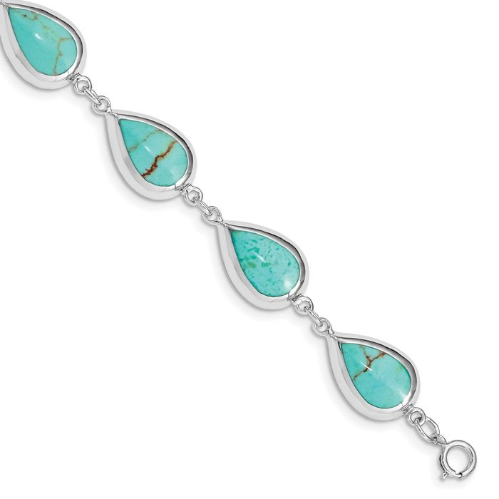 925 Sterling Silver Teardrop Synthetic Blue Turquoise Chain Gemstone Tennis Bracelet