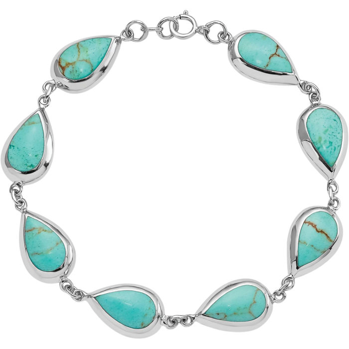 925 Sterling Silver Teardrop Synthetic Blue Turquoise Chain Gemstone Tennis Bracelet