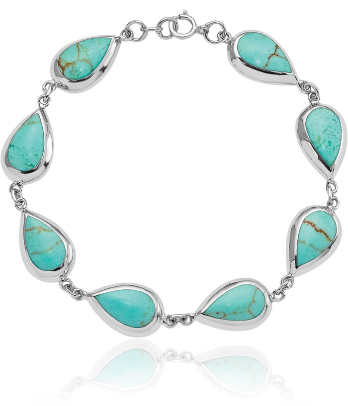 925 Sterling Silver Teardrop Synthetic Blue Turquoise Chain Gemstone Tennis Bracelet