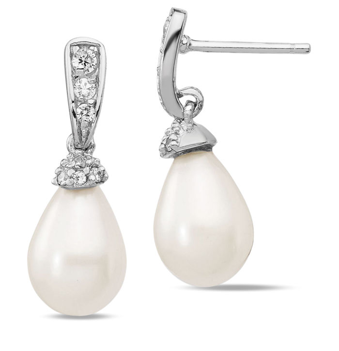 925 Sterling Silver Teardrop White Freshwater Cultured Pearl Cubic Zirconia CZ Post Drop Dangle Earrings