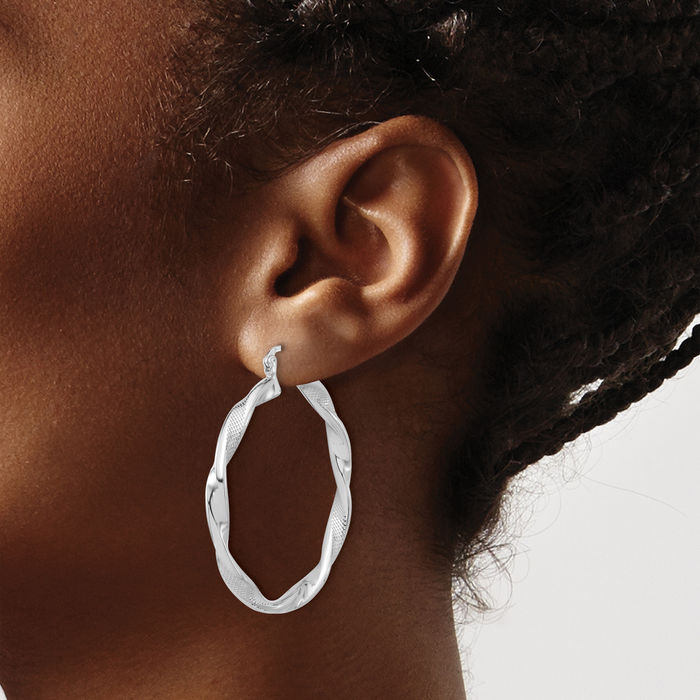925 Sterling Silver 3.7mm Twisted Round Large Hoop Earrings
