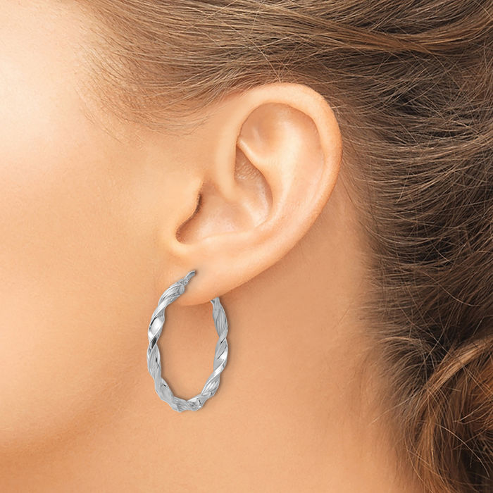 925 Sterling Silver Twisted Round Medium Hoop Earrings