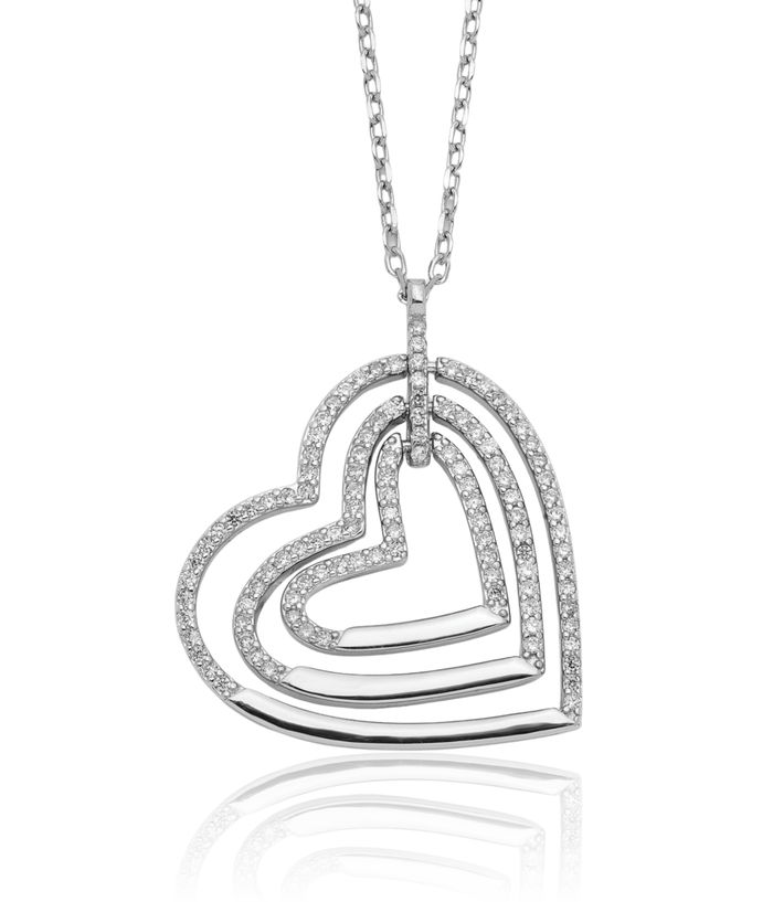 925 Sterling Silver Triple Cubic Zirconia CZ Heart Necklace Love Pendant Friendship Charm Chain