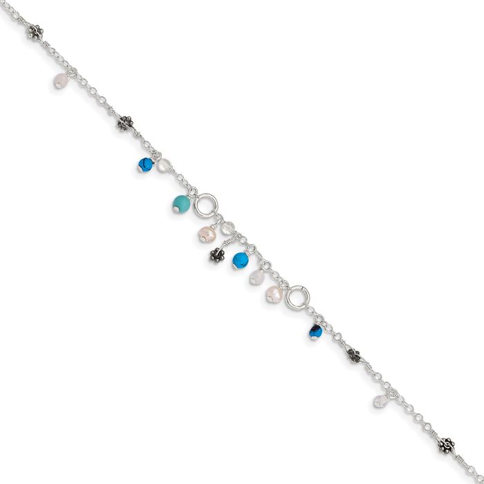 925 Sterling Silver Blue Turquoise Bead Freshwater Cultured Pearl Anklet Summer Beach Foot Ankle Bracelet