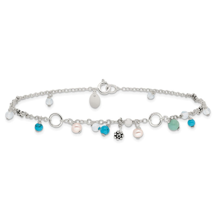 925 Sterling Silver Blue Turquoise Bead Freshwater Cultured Pearl Anklet Summer Beach Foot Ankle Bracelet